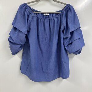 Miss Lili Blue Pinstripe Off Shoulder Puff Sleeve Romantic Cottagecore Blouse‎ L